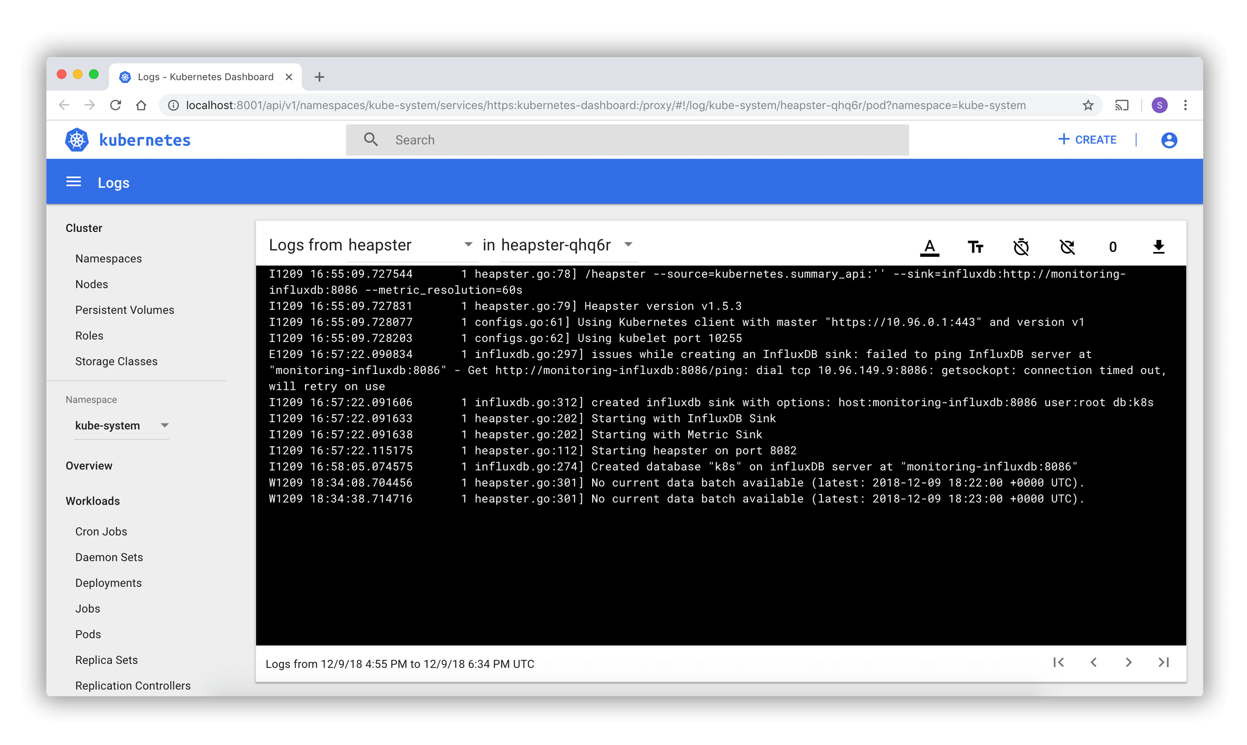 Kubernetes Dashboard logs view